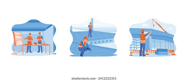 Construction site engineer concept. Two civil engineers work together to create a building design. Construction workers make steel reinforcement.  set flat vector modern illustration 