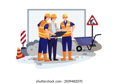 Construction site engineer doing routine standup Illustration concept. Flat illustration isolated on white background.