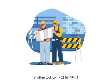 Construction site engineer doing routine standup Illustration concept. Flat illustration isolated on white background.