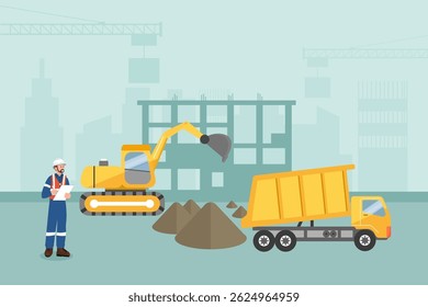 Construction site with engineer, excavator and dump truck working on building project, perfect background for safety training or project presentation slides. Flat vector illustration.