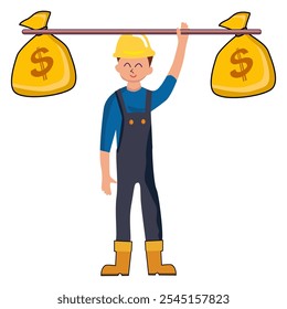 Baustelleningenieur, der Dollar in beiden hält. glückliches Lächeln.