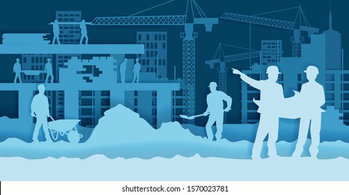 Construction site with engineer and workers, vector illustration in paper art modern craft style. Home building industry concept for poster, banner, website page etc.