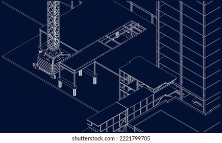 construction site engineering  architectural steel frame structure 3D illustration isometric line blueprint