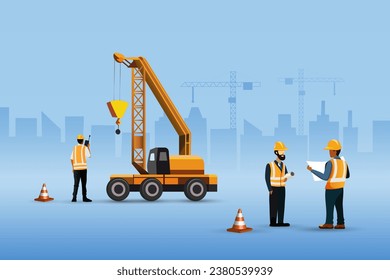 Construction site with engineering team at industry crane background. Safety first, construction project and technology. Vector.