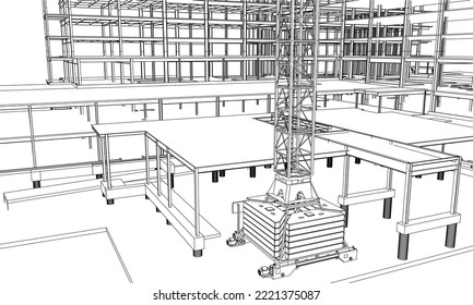 construction site engineering tower crane base frame structure 3D illustration line