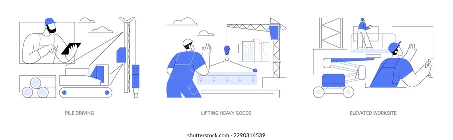 Construction site equipment abstract concept vector illustration set. Pile driving, tower crane lifting heavy goods, elevated worksite, hydraulic vehicle, heavy machinery abstract metaphor.
