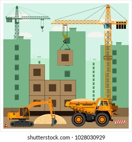 Construction site with equipment. Crane builds a house. An excavator loads a dump truck with sand. Construction equipment. Flat design. Vector illustration.