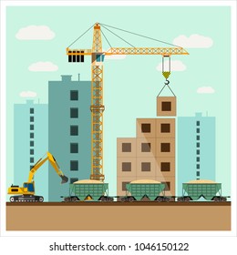 Construction site with equipment. Crane builds a house. Excavator loads sand railroad cars. Construction equipment. Flat design. Vector illustration.