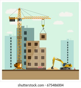 Construction site with equipment. Crane builds a house. The excavator unloads the sand. Construction equipment. Flat design. Vector illustration.