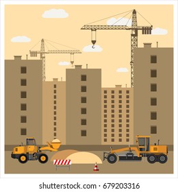 Construction site with equipment. Cranes build high-rise buildings. Tractor and grader clearing the area of sand. Construction machinery. Flat design. Vector illustration.