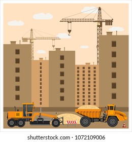 Construction site with equipment. Grader and dump truck clearing the area of sand. Construction equipment. Flat design. Vector illustration.