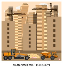 Construction site with equipment. Grader and dump truck clearing the area of sand. Construction equipment. Flat design. Vector illustration.