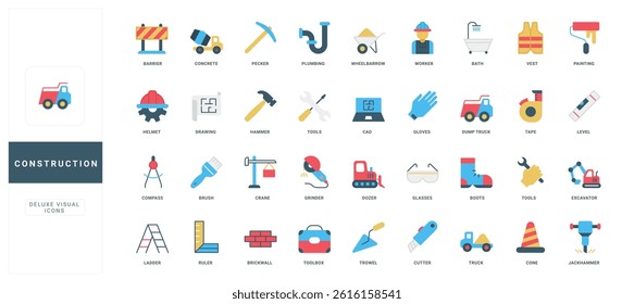 Construction site equipment and machinery, workers tools and safety gear color icon set. Builders toolbox and contractors helmet, barrier and cone, house project, concrete flat vector illustration