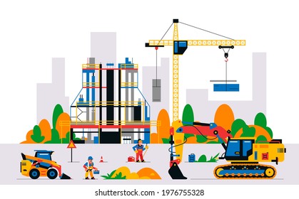 Construction site with equipment and workers. Building under construction against the background of the city. Unfinished building, builders, excavator, electrician, welder, loader.Vector illustration