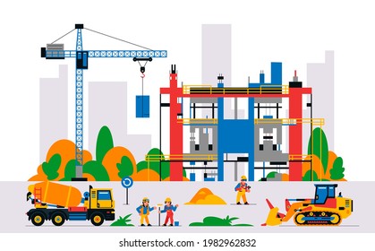 Construction site with equipment and workers. Building under construction against the background of the city. Unfinished building, builders, bulldozer, crane, concrete mixer. Vector illustration.