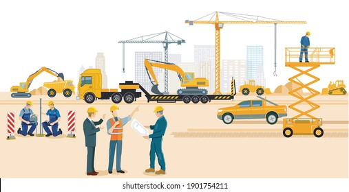 Construction site with excavator, architect and heavy truck