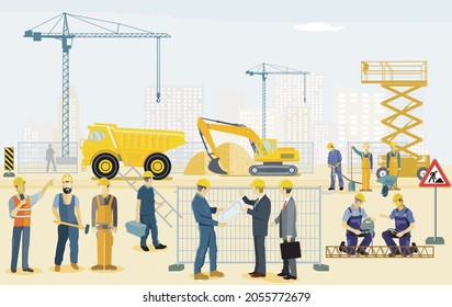 Construction site with excavator, handyman and architect illustration