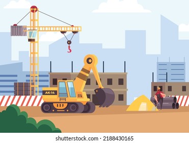 Construction site with excavator and heavy truck