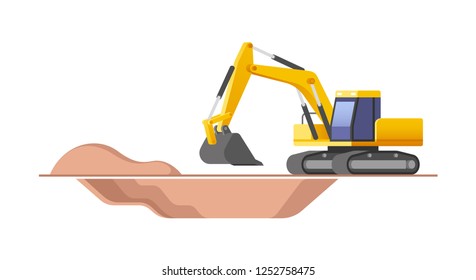 Construction site. Excavator moving with raised shovel during soil moving works. Vector illustration.