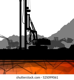 Construction site excavator tractors hydraulic pile drilling machines and workers digging at industrial construction site abstract vector background illustration