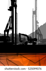 Construction site excavator tractors hydraulic pile drilling machines and workers digging at industrial construction site abstract vector background illustration