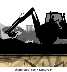 Construction site excavator tractors hydraulic machines and workers digging at industrial electricity power construction site abstract vector background illustration