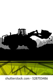 Construction site excavator tractors hydraulic machines and workers digging at industrial mine construction site abstract vector background illustration