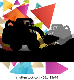 Construction site excavators and diggers with tractors and bulldozers in building site abstract vector background illustration vector
