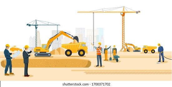 Construction site with excavators and heavy trucks