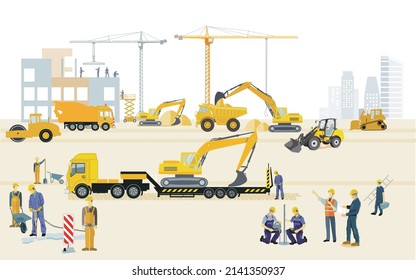 Construction site with excavators, construction machines and heavy trucks, illustration