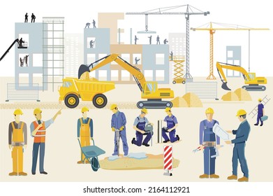 Construction site with excavators, construction machines and heavy trucks, illustration