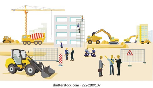 Construction site with excavators, construction machines and heavy trucks, illustration