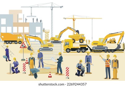 Construction site with excavators, construction machines and heavy trucks, illustration