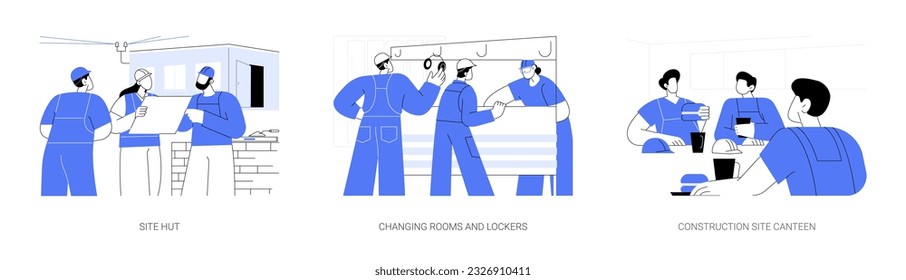 Construction site facilities abstract concept vector illustration set. Site hut, changing rooms and lockers, construction site canteen, lorry container,builder daily routine abstract metaphor.