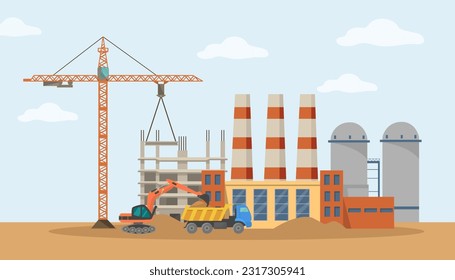 Lugar de construcción con fábricas e ilustración vectorial de grúas. Dibujo de excavadora, camión con arena, proceso de construcción de instalaciones industriales. Construcción, industria, economía, concepto de negocio