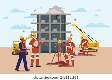 Construction site, featuring two diverse colleagues discussing a new project, a surveyor measuring land, a worker digging with a shovel, and demolition machinery tearing down a building 