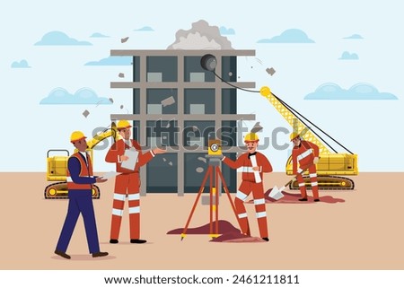 Construction site, featuring two diverse colleagues discussing a new project, a surveyor measuring land, a worker digging with a shovel, and demolition machinery tearing down a building 