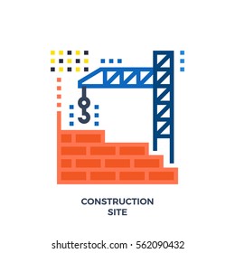 Construction Site Flat Icon. Logo Template. Material Design Illustration Concept. High Quality Pixel Perfect Web Design Graphics. Colorful Collection. Vector Illustration