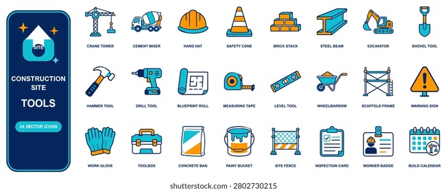 Construction Site flat icon set. 24 vector line icons: crane tower, cement mixer, hard hat, safety cone, brick stack, steel beam, excavator, shovel. Editable isolated symbols for web, app and infograp