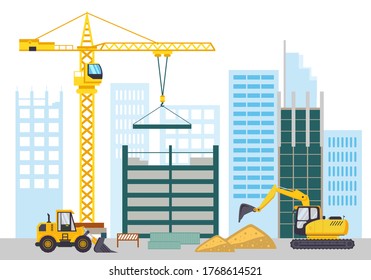 Construction site flat landscape, building a house and apartment- vector illustration element, design of crane, truck, excavator, and architecture material for constructions. Equipment for contractor.