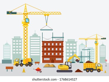 Construction site flat landscape, building a house and apartment- vector illustration element, design of crane, truck, excavator, and architecture material for constructions. Equipment for contractor.