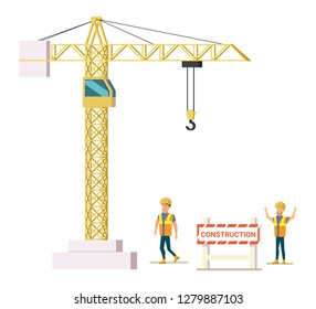 Construction Site Flat Vector Concept with Happy Smiling Builders or Company Workers in Reflective Vest and Helmets, Showing Thumbs up and Walking near Crane Illustration Isolated on White Background