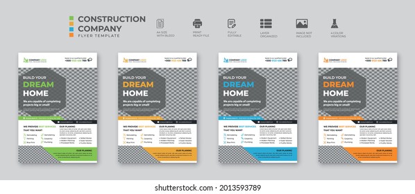 construction site flyer template design, brochure cover, with two image placement. four professional color variation, fully editable, well organized. Eye catchy vector design, a4 size, eps 10 version