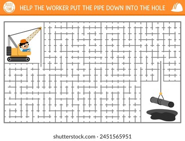 Construction site geometrical maze for kids with road repairing worker, special car. Building preschool printable activity. Labyrinth game, puzzle with crawler crane putting pipes down into the hole
