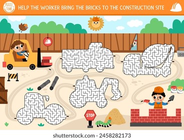 Construction site geometrical mazes for kids with industrial landscape, builders, labyrinths shaped as trucks. Building works preschool printable activity. Repair service game, puzzle with special car