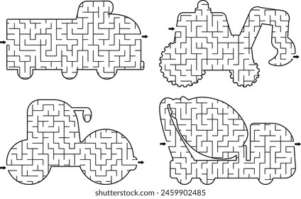 Construcción de laberintos geométricos para niños. Colección de laberintos en forma de camiones especiales, coches. Construcción de obras actividad imprimible. Juego de servicio de reparación, rompecabezas con tractor, mezclador de hormigón
