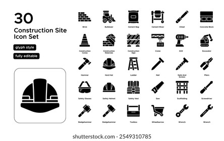 Conjunto de iconos de glifo de sitio de construcción: equipos pesados, trabajadores, señales de seguridad e iconos de administración del sitio