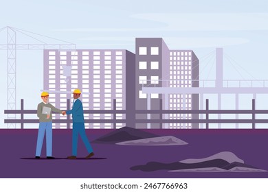 Construction site, handshake between white and black colleagues. Construction, inclusion, diversity concept 