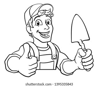 Construction site handyman builder man holding a trowel tool cartoon mascot. Peeking over a sign and giving a thumbs up