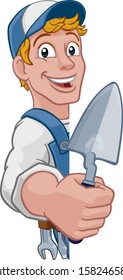 Construction site handyman builder man holding a trowel tool cartoon mascot. Peeking around a sign
